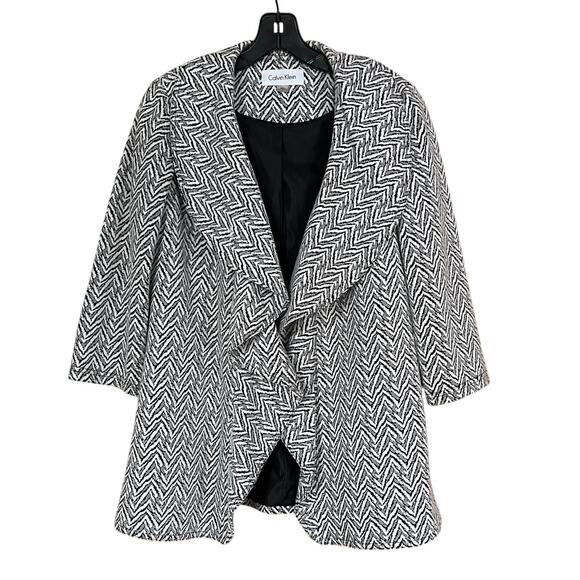 Calvin Klein Womens Size 4 Waterfall Ruffled Open Front Lined Jacket Black White - Picture 1 of 6